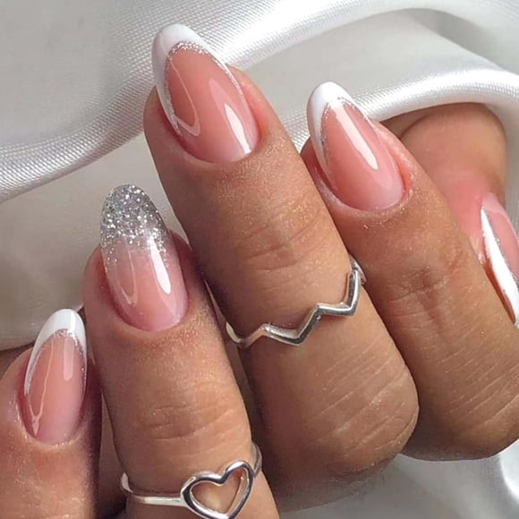 Short False Nails Almond Press on Nails French Nude Nails Tips Full Cover Glitter Fake Nails for Women and Girls 24Pcs