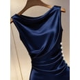 thumbnail image 4 of Navy Blue Satin Cowl Neck Sleeveless Ruched Midi Dress With Pearl Buttons, 4 of 4