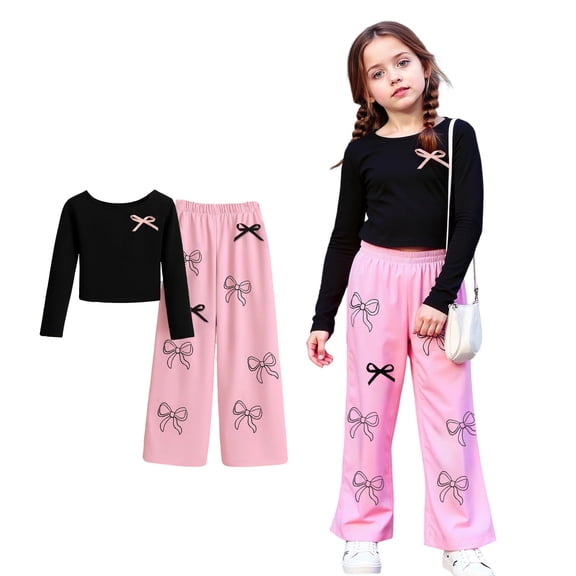 2 Piece Outfits Sets Long Sleeve Bow Print T Shirt Top and Wide Leg Pants Sets Girls Spring Outfits 7-8 Years Girls Clothes