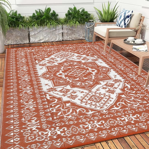 Outdoor Rug 9x12 Reversible Patio Rug Outdoor Plastic Straw Rugs Vintage Medallion Waterproof Outside Carpet for Deck RV Camping Rugs for Patio Backyard Picnic Porch Beach Balcony, Orange