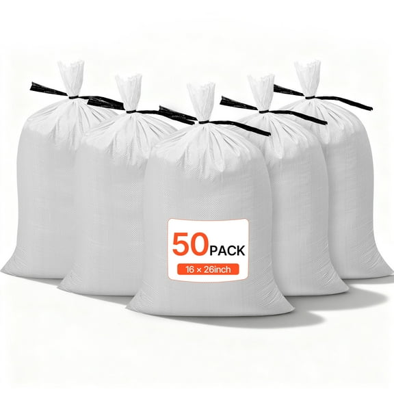 VEVOR Heavy Duty Sand Bags, 50Pack 16" x 26", Empty Sandbags for Flooding with Tie Strings, Woven Polypropylene Sand Bag with 1600 Hours of UV Protection, 50Lbs Capacity