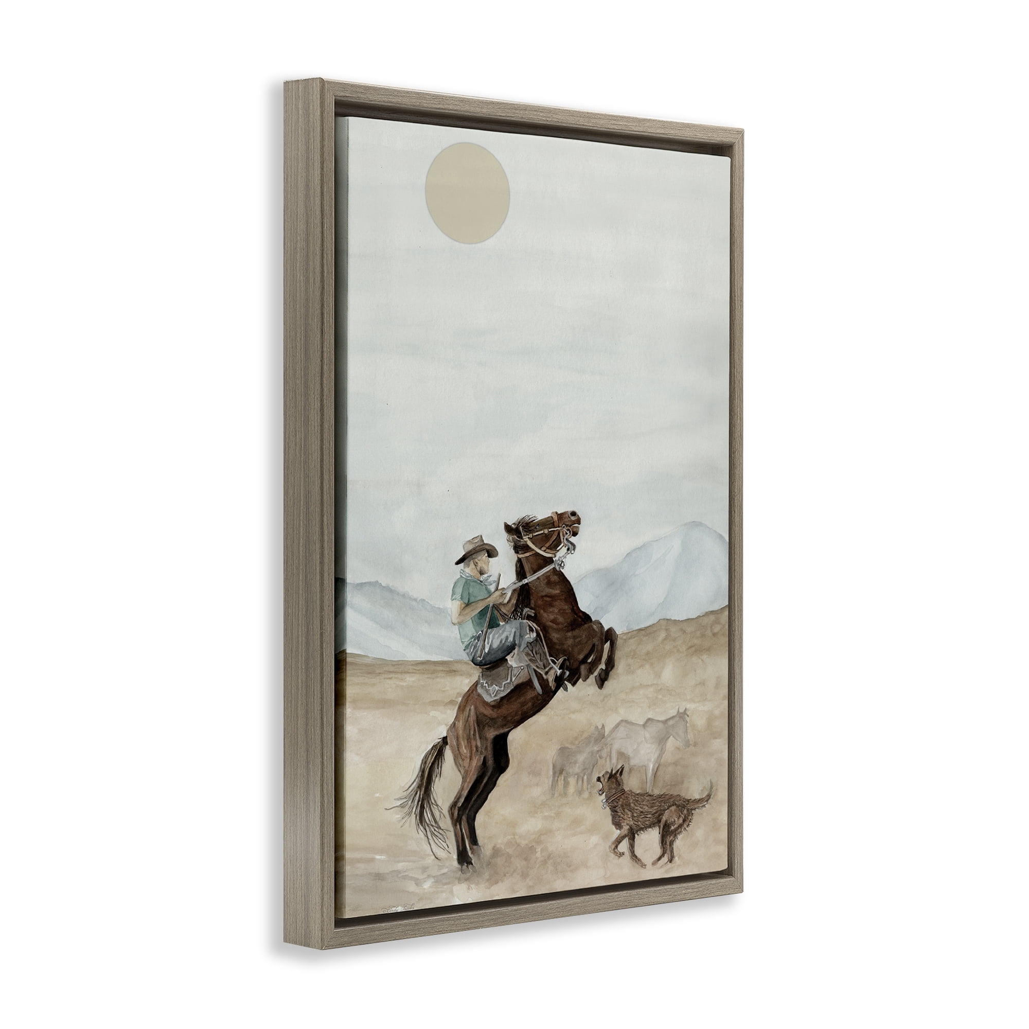 Stupell Industries Rearing Horse & Dog People Painting Brown Floater Framed Canvas Art Print Wall Art, 21 x 31
