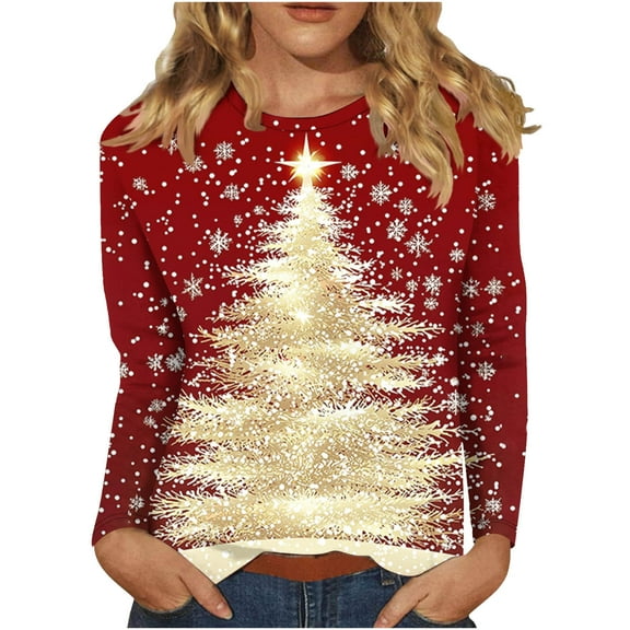 Long Sleeve Shirts for Womens 2025 Christmas TShirts Casual Trendy Xmas Tree Printing Blouses Soft Crewneck Christmas Shirt Pullover Tops
