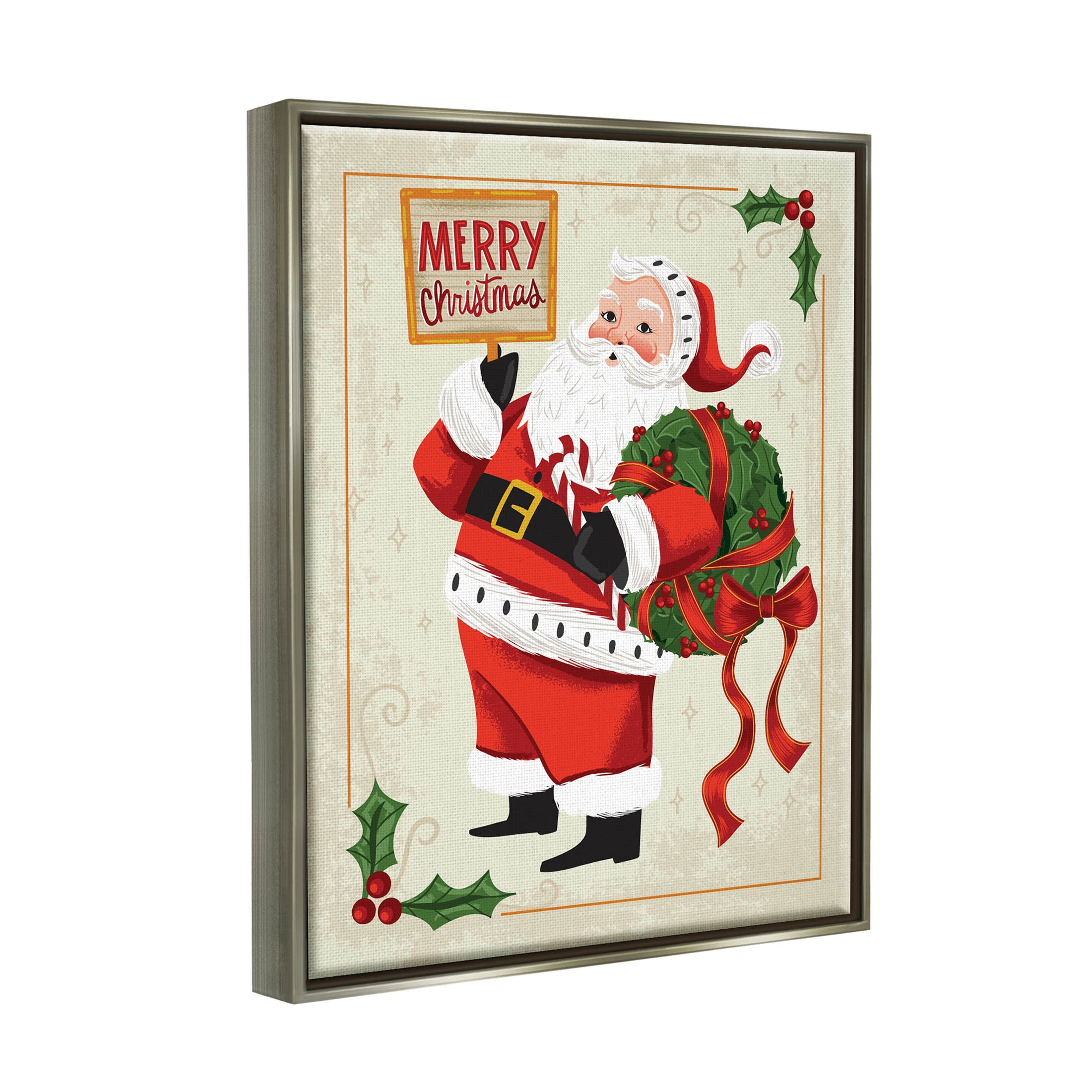 Stupell Industries Vintage Merry Christmas Santa Graphic Art Luster Gray Floating Framed Canvas Print Wall Art, Design by Arrolynn Weiderhold