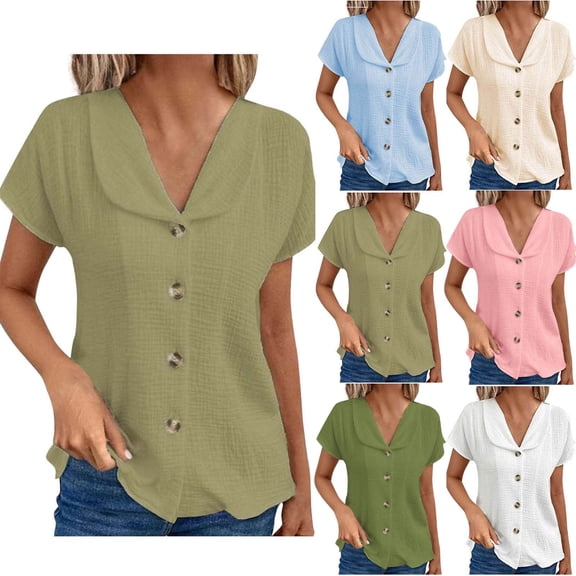 Olyvenn Womens Linen Shirts 2025 Summer Casual Button Down Lapel V Neck Roll Up Short Sleeve Tops Comfy Trendy Business Work Blouse Army Green S