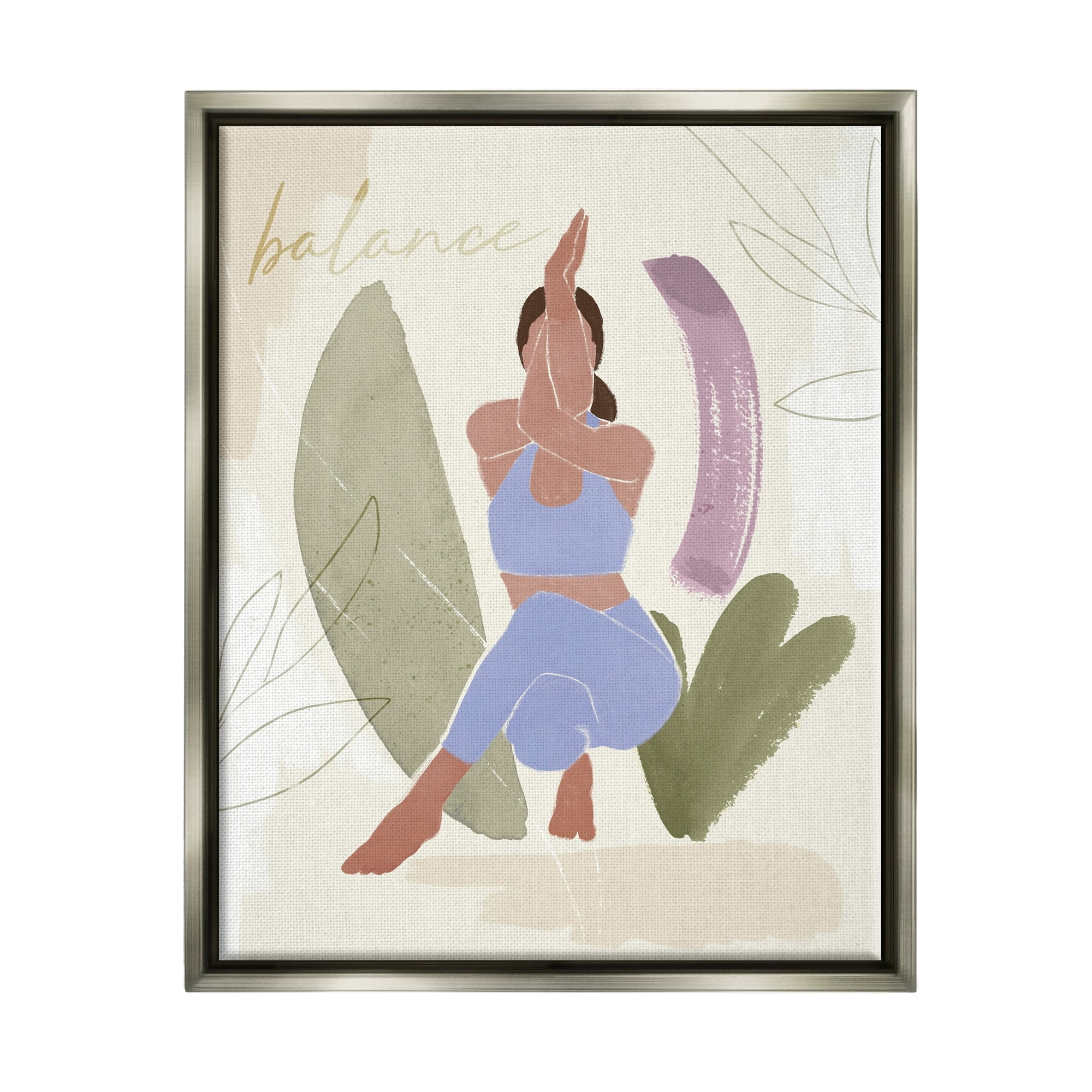 Stupell Industries Balance Typography Fitness Yoga Pose Botanical Motif Metallic Gold Framed Floating Canvas Wall Art, 24x30, by Victoria Barnes
