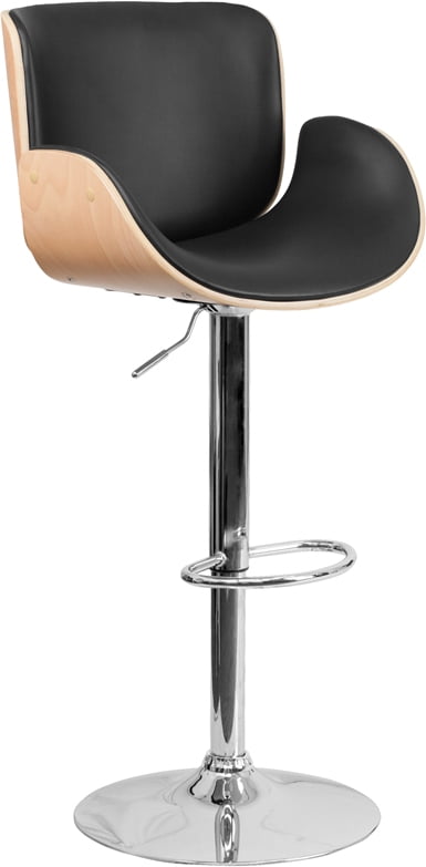Beech Bentwood Adjustable Height Bar Stool with Curved Black Vinyl Seat and Back 