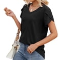 thumbnail image 4 of Women’s V Neck Hollow Out Short Sleeve T Shirt, Solid Color Casual Top with Breathable Fabric, Lightweight Loose Fit Summer Everyday Wear for Daily Outfits, Black, M, 4 of 5