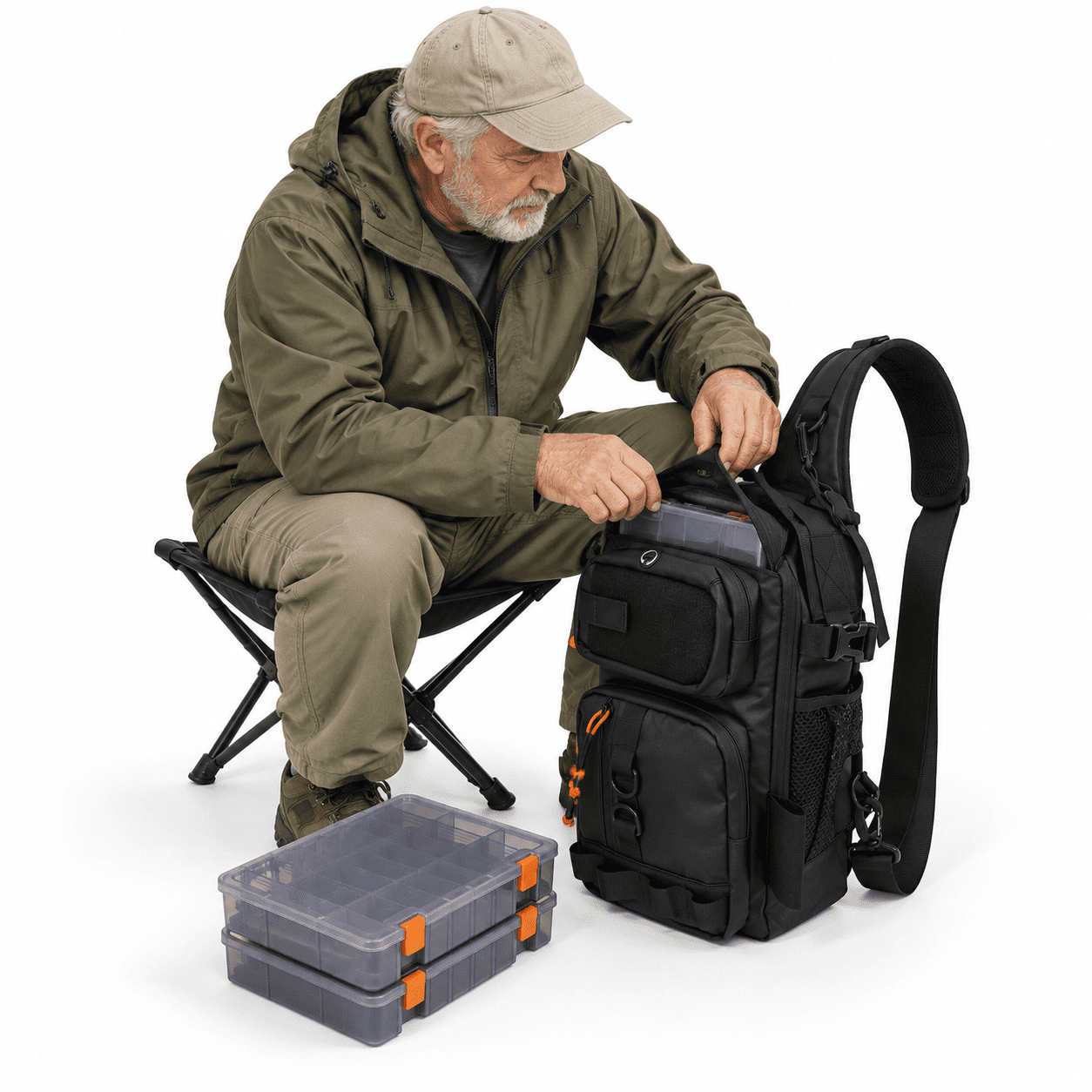 Black Sling Bag With 2 Tackle Boxes Fishing Gear Storage Backpack