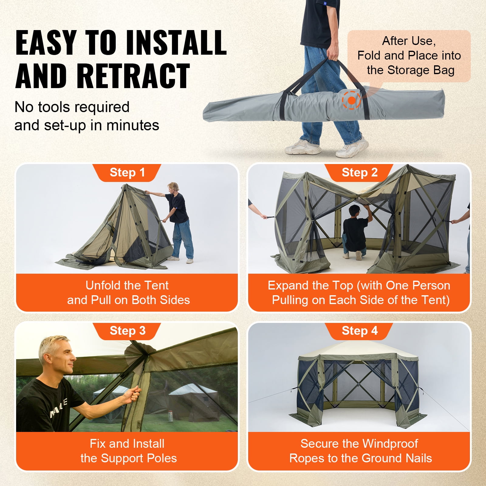 KFFKFF Pop-Up Canopy Tent, 6-Sided Screen Shelter with Detachable Wind Panels & Mesh Windows, 12x12FT Instant Screen House with Bug Netting, Army Green