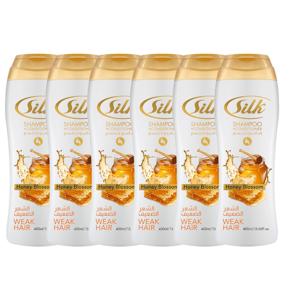 Silk 2-in-1 Shampoo & Conditioner for Weak Hair, Honey Blossom: Strengthens & Repairs, Reduces Breakage, Fortifies Fragile Strands, Restores Softness & Shine, Daily Hair Care, 13.6 fl oz, 6 Pack