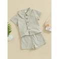 thumbnail image 3 of JYYYBF Toddler Boy Summer 2Pcs Outfit Stripe Print Short Sleeve Button Down Shirt with Elastic Waist Shorts, 3 of 7