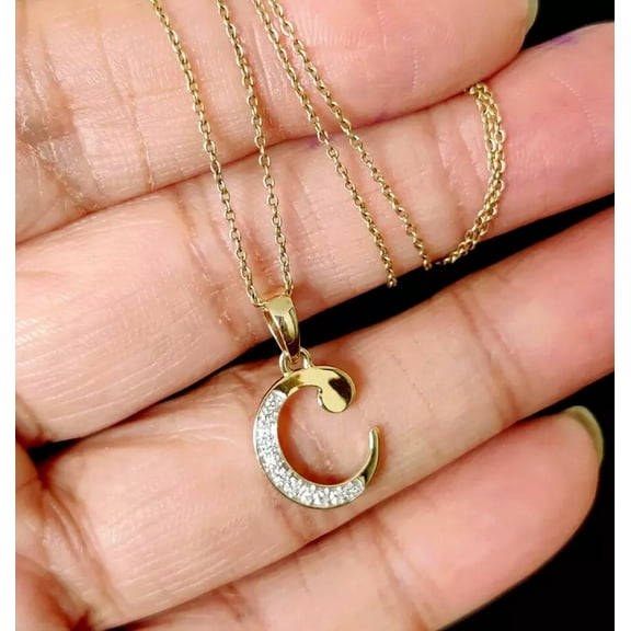1Ct Round Cut Real Moissanite Initial Letter ''C'' Pendant 14K Yellow Gold Plated Silver