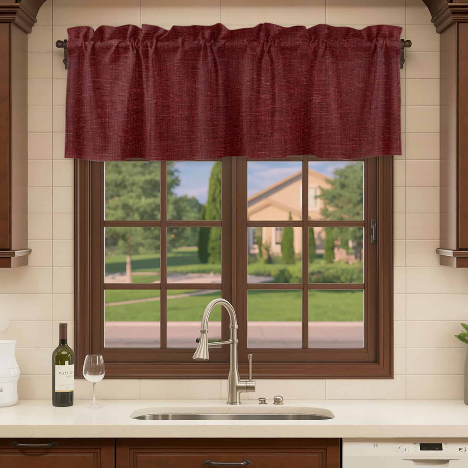 2 Pack Valances for Windows, Vintage Dark Red Window Valances for Living Room/Bedroom/Bathroom, Farmhouse Retro Solid Color Linen Texture Light Filtering Kitchen Curtain Valance 42"W x18" L