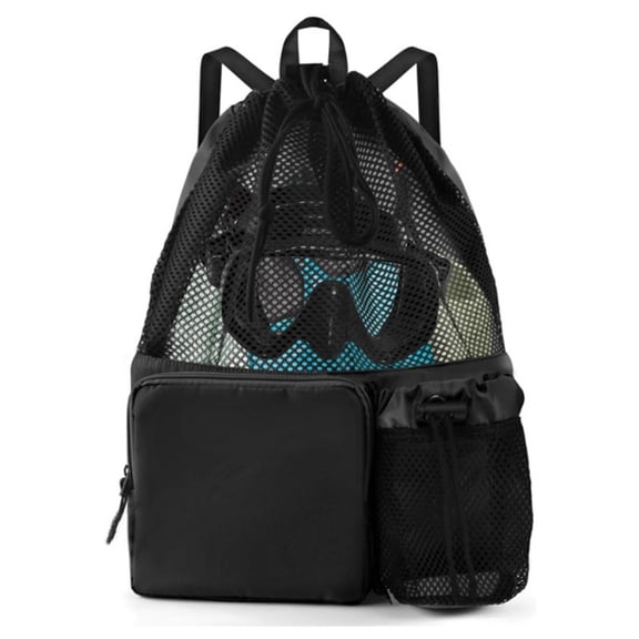 Swim Bag Beach Backpack with Wet Pocket Mesh Drawstring Bags for Swimming, Gym(Expand size 40 * 47cm,black)
