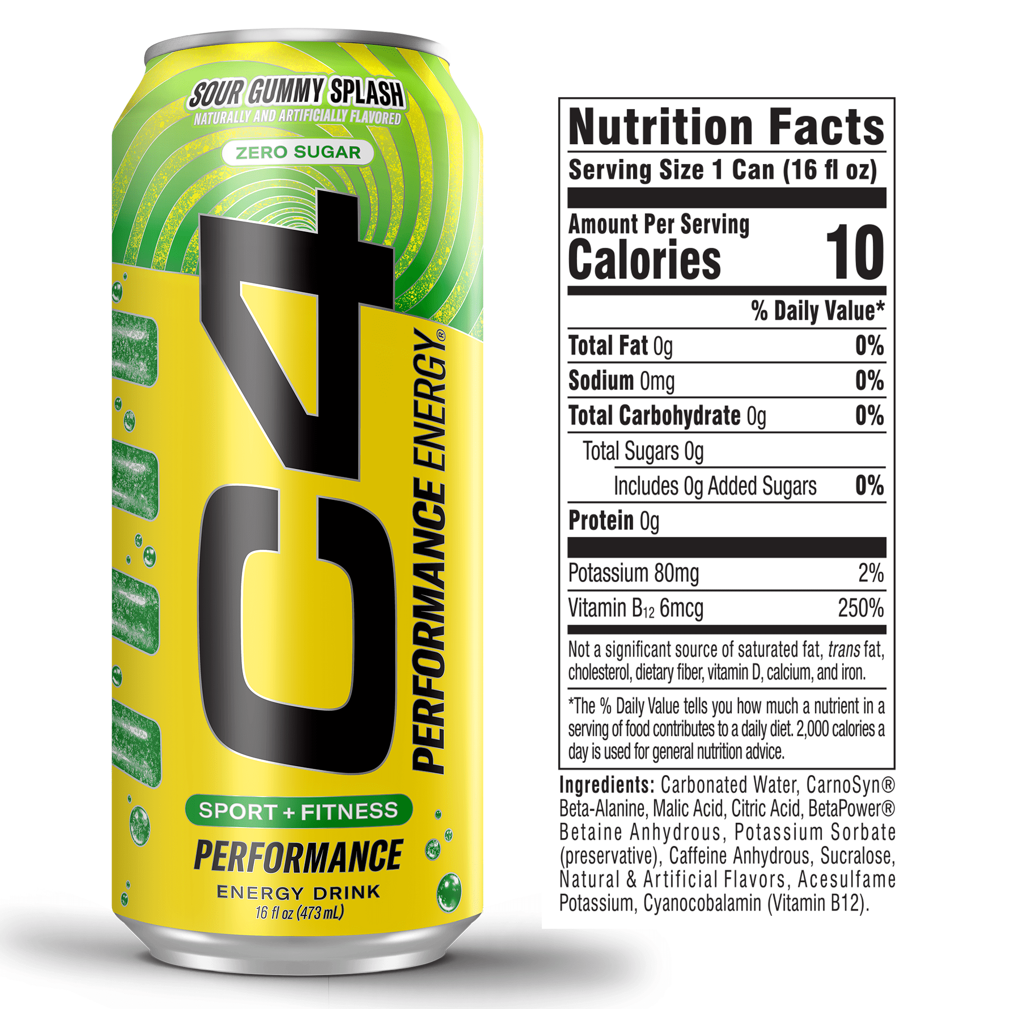 C4 Performance Energy Drink, Sour Gummy Splash Flavor, 16oz cans (12pk)