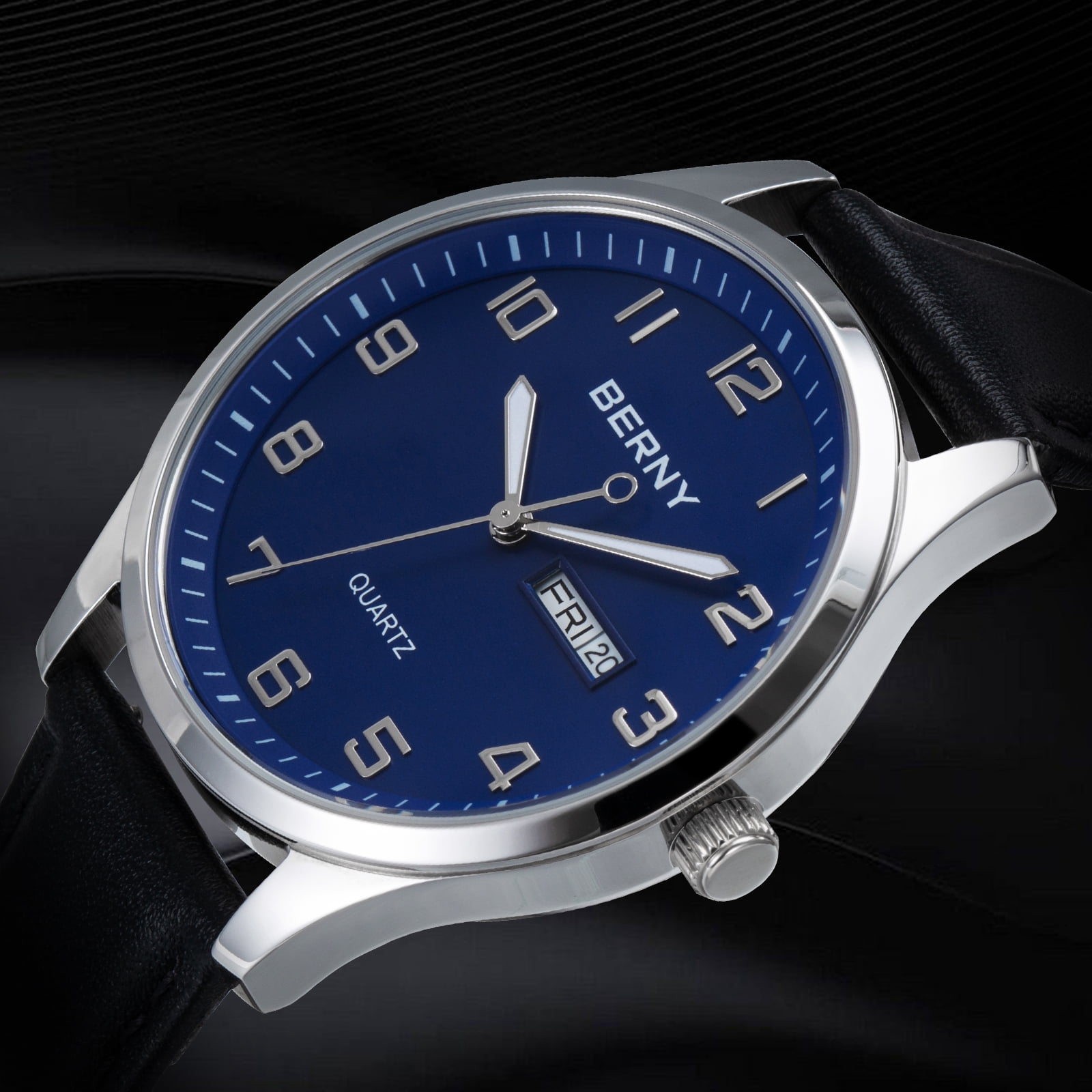 BERNY Modern Quartz Watch for Men Casual Easy Read Wristwatch with Arabic Numeral Watch Dial, Genuine Leather Strap and Day & Date Calendar-Blue Dial