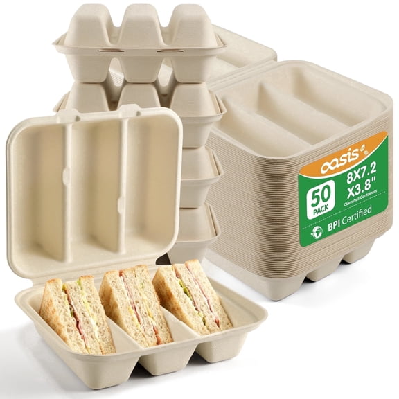 50Pcs Disposable Taco Holders –OasisSN 3 Compartments Biodegradable Taco Clamshell Containers, Bagasse Pulp Takeout Food Holders for Tacos, Hot Dogs, Sandwiches, Outdoor Lunch and Party Serving