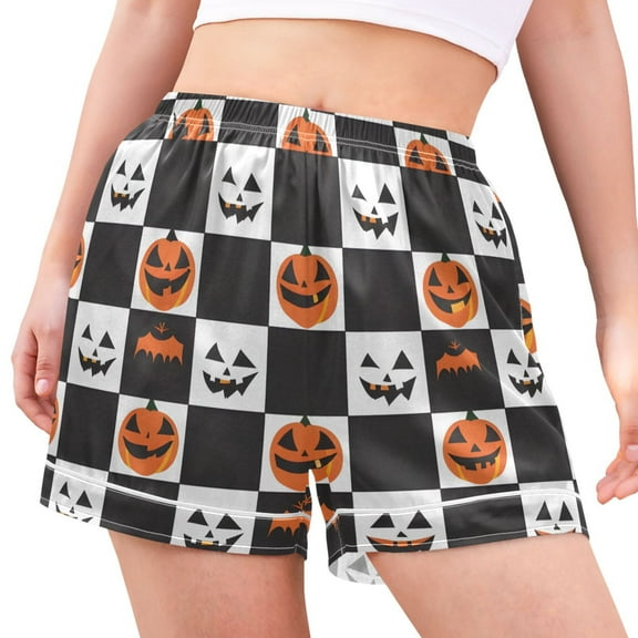 joogoo Women's Pajama Lounge Shorts Pumpkins on Checkered Bottoms Sleep Short M