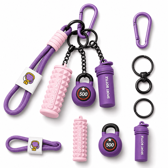Fitness Keychain, Gym Equipment Shaped Key Chain with Foam Roller Kettlebell Water Bottle Charm, Car Key Fob Backpack Pendant with Gift Box for Fitness Lovers