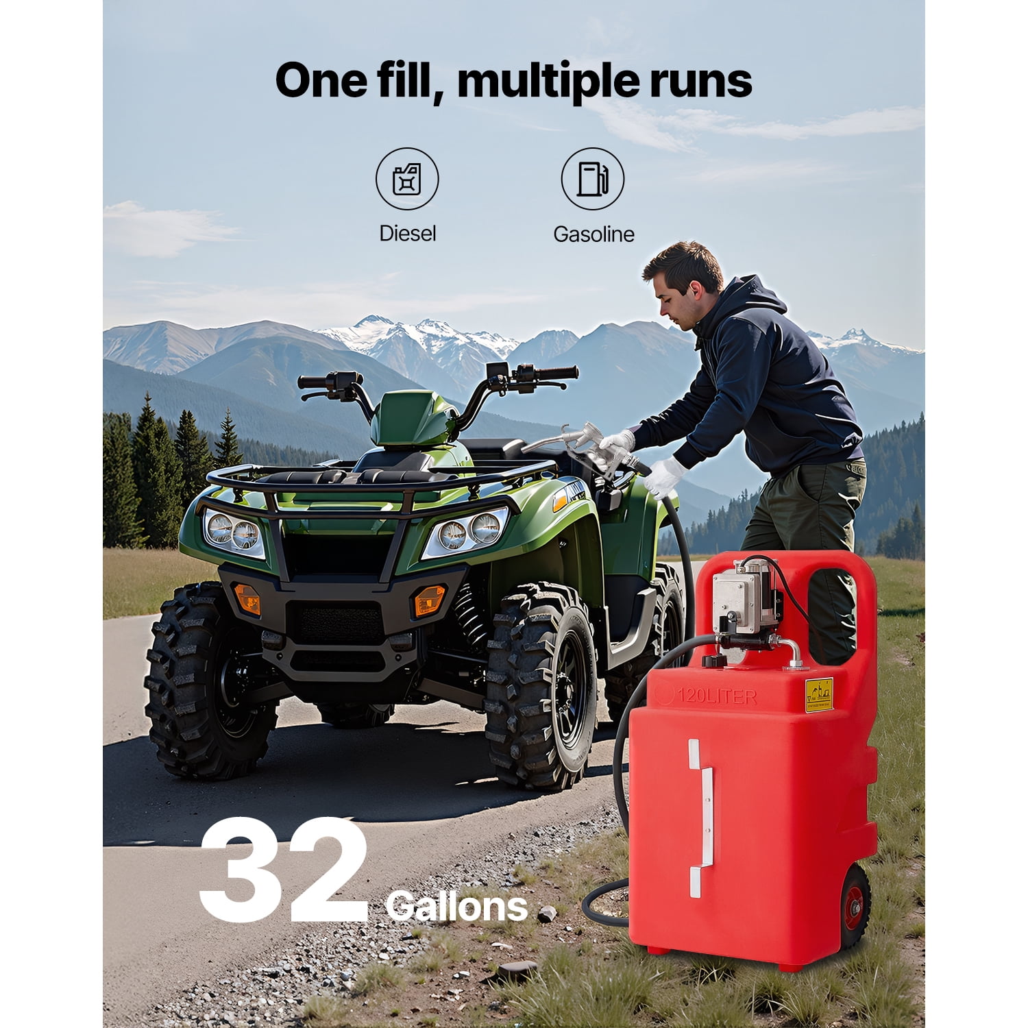 KFFKFF Fuel Storage, 32 Gallon, Mobile Fuel Container with 12V DC 15 GPM Electric Fuel Circulation Pump, 13 ft Dispensing Hose & Aluminum Alloy Handheld Nozzle, Fuel Carrier for Motorboats, ATVs