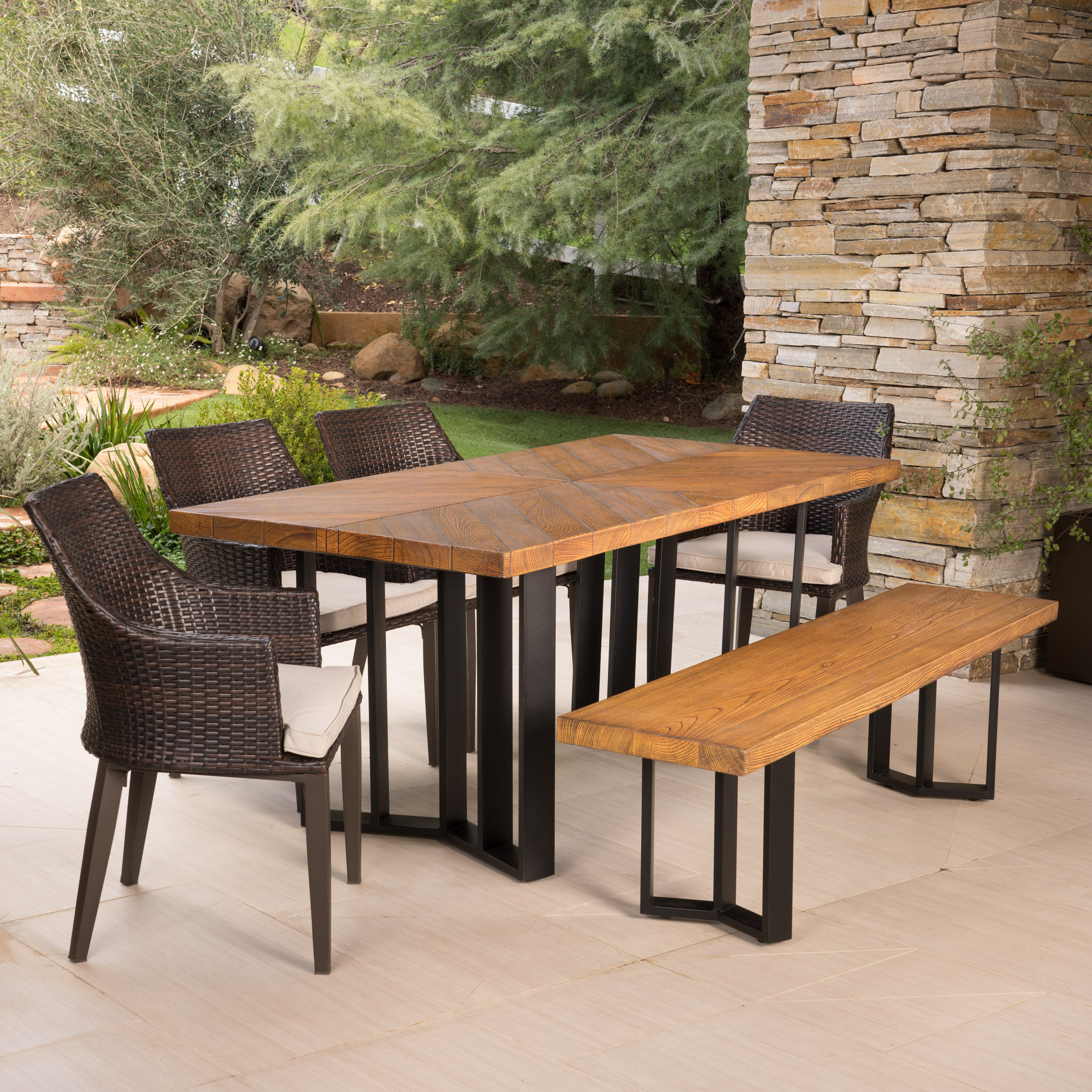 GDF Studio Sayveon Outdoor Wicker and Lightweight Concrete 6 Piece Dining Set with Bench, Textured Brown Walnut, Multibrown, and Black - image 3 of 13
