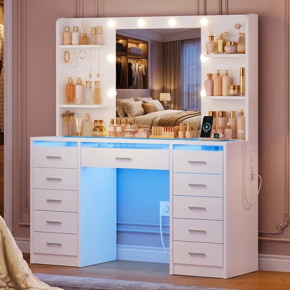 TEENFON Makeup Vanity Set with Mirror and Lights, Vanity Desk with 11 Drawers and 5 Storage Shelves, Vanity Table, Bedroom Vanity for Girls, White