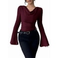 thumbnail image 2 of Women Long Sleeve Cowl Neck Ribbed Knit Fall Shirts Slim Fit Ruched Going Out Crop Tops Basic T-Shirts Wine Red XXL, 2 of 8