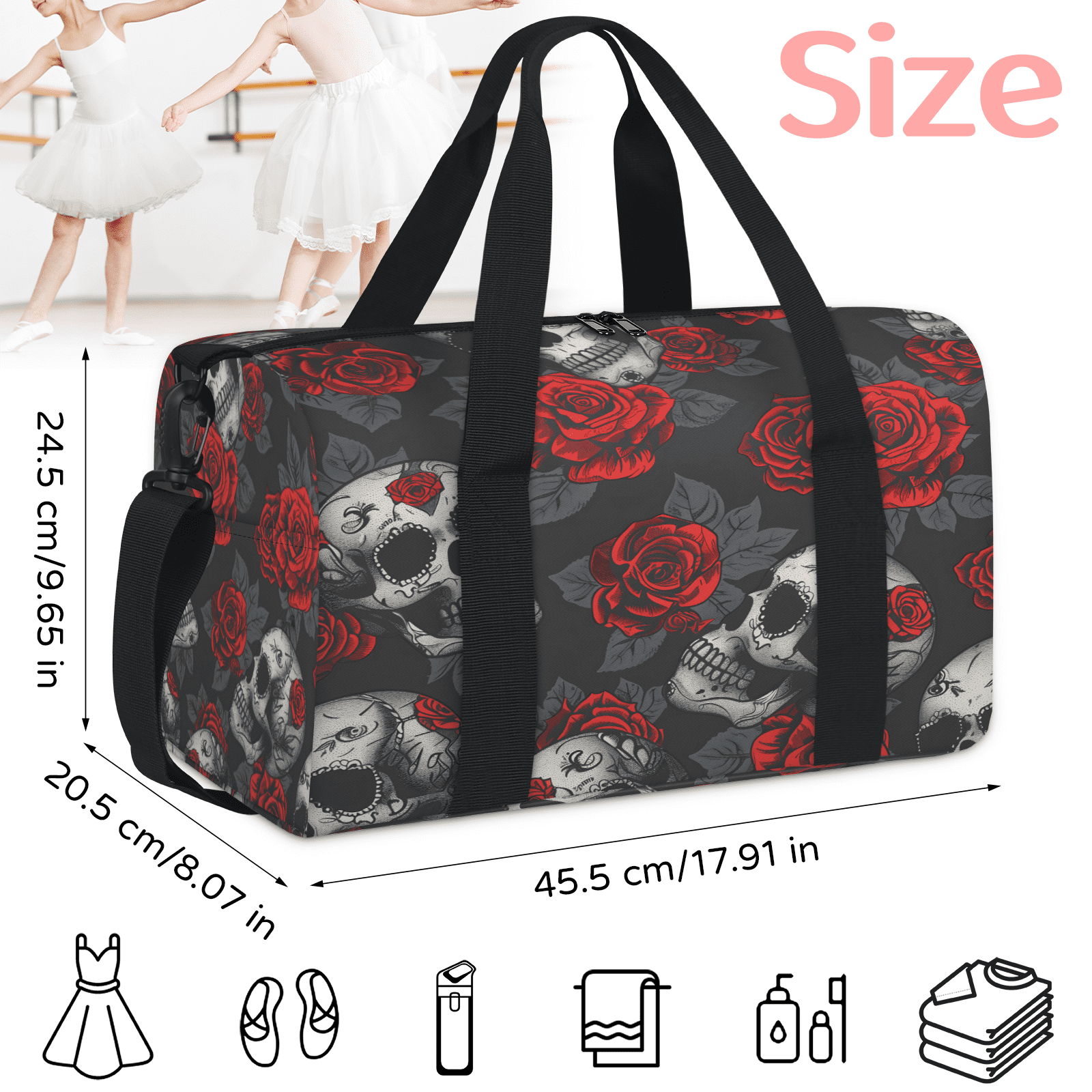 Herdesigns Skulls And Roses Gym Bag for Women, Duffle Bag for Travel Sport, Lightweight Waterproof Carry on Weekender Overnight Dance Yoga Workout Bags
