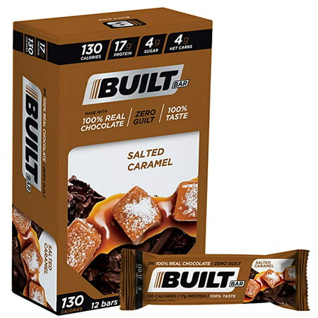 Built Bar 12 Pack High Protein and Energy Bars - Low Carb Low Calorie Low Sugar - Covered in 100% Real Chocolate - Delicious Healthy Snack - Gluten Free (Salted Caramel)