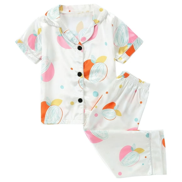Odeerbi 1-8 Años Niños Niñas Pijama de Verano de Satén Con Solapa de Muesca Camisas de Manga Corta Pantalones Conjunto de Pijama Con Estampado Floral Suave