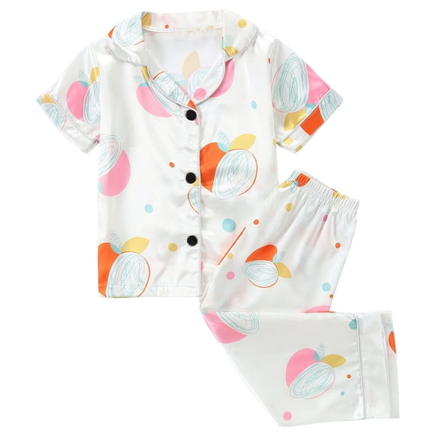 Odeerbi 1-8 Años Niños Niñas Pijama de Verano de Satén Con Solapa de Muesca Camisas de Manga Corta Pantalones Conjunto de Pijama Con Estampado Floral Suave
