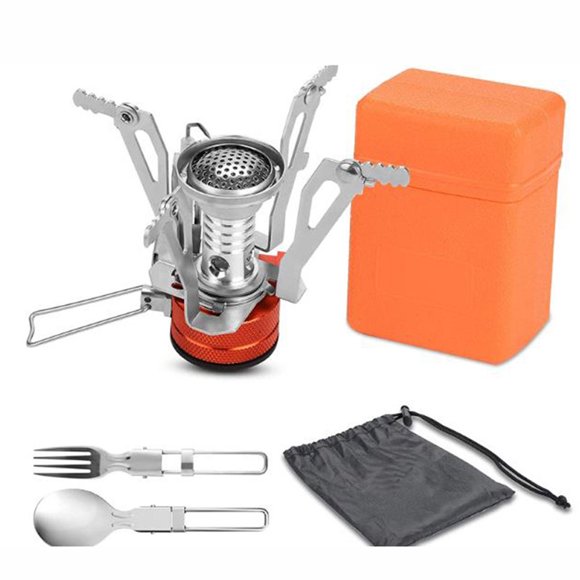 Yeacher Mini Camping Portable Backpacking Gas Pocket Stoves with Piezo Ignition Fork Spoon for Outdoor Camping Picnic Hiking Cooking