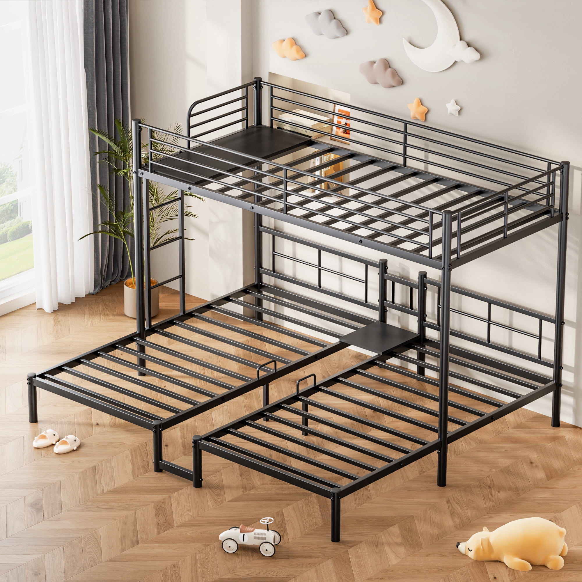 Leumius Metal Triple Bunk Bed Twin XL Over Twin Over Twin,Heavy Duty Triple Bunk Bed Frame for 3 Kids/Teens,Metal Bunk Bed Frame w/Under-bed Storage, No Box Spring Needed,Black