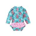 thumbnail image 2 of inlzdz Baby Girls Long Sleeve Ruffle Floral Print Swimsuit One Piece Zipper Swimwear Bathing Suit Rash Guard Blue 18-24 Months, 2 of 7