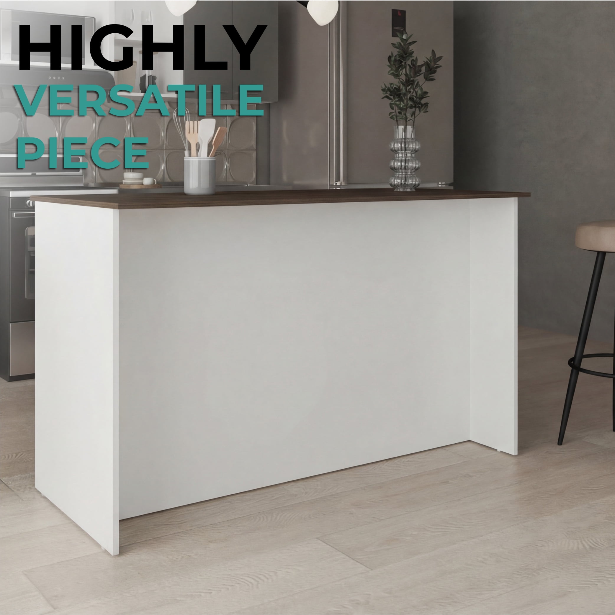 Ginger Kitchen Island, Three Open Shelves, Two Cabinets White / Dark Brown