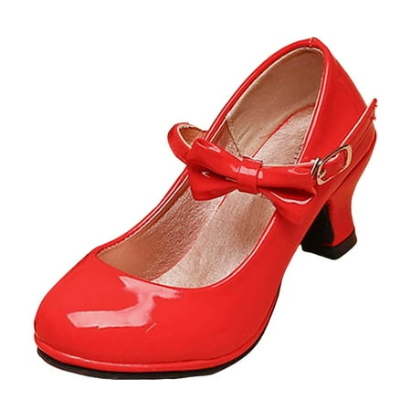 JDEFEG Girls Formal Shoes Toddler Leather Shoes Wedding Party Heel Princess Flower Girl Shoes Pu Leather High Heel Bowknot Girls Dress Shoes Red Size 15
