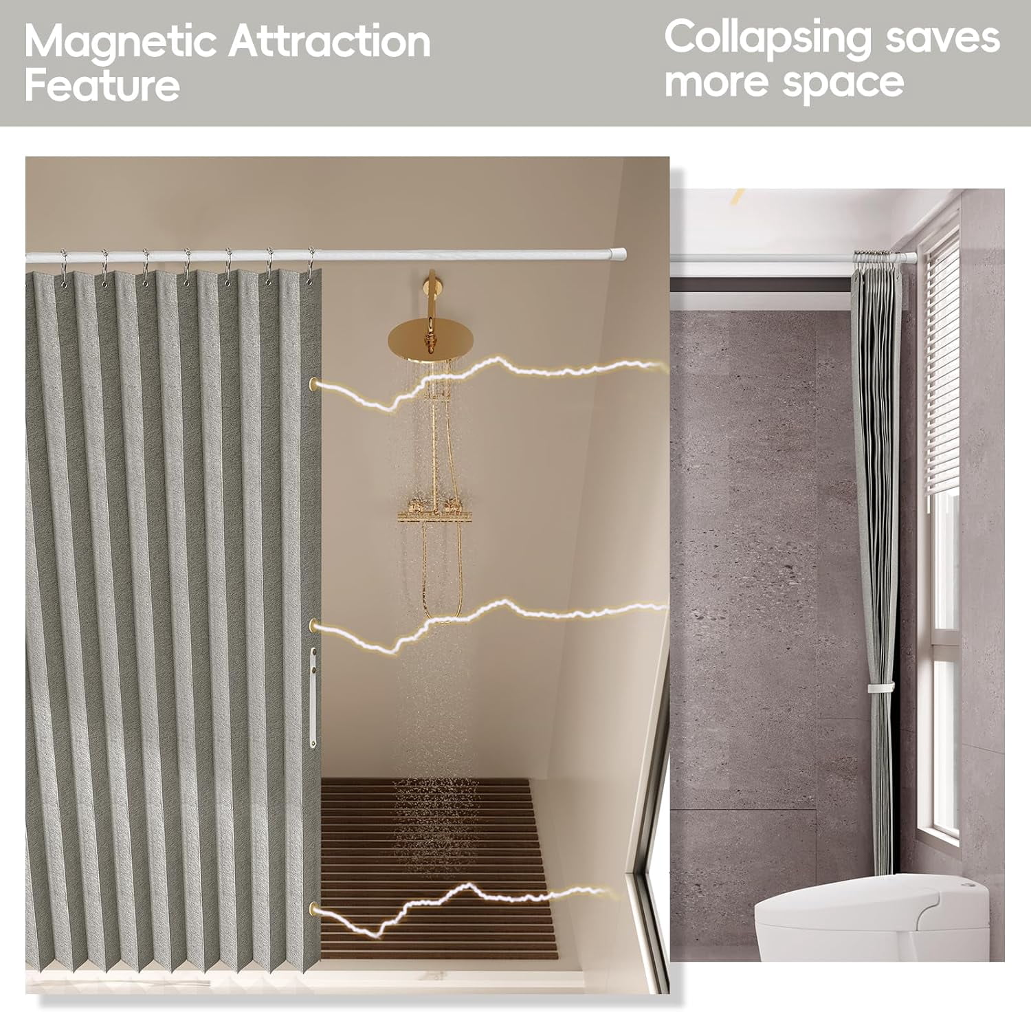 Magnetic Folding Shower Curtains Acordion Shower Curtain Fabric Polyester Waterproof Shower Curtains Suitable for Family Hotel Homestay Bathroom (Grey,77" W x 72" L) 1 Panel