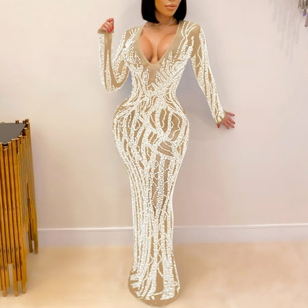 

Haykey Holiday Dresses For Women 2022 Long Sleeve V-Neck Ankle Dress Nightclub Net Yarn Perspective Hot Drilling Mesh V Neck Long Sleeve Dress Long Dress Mens Dress Shoes Polyester