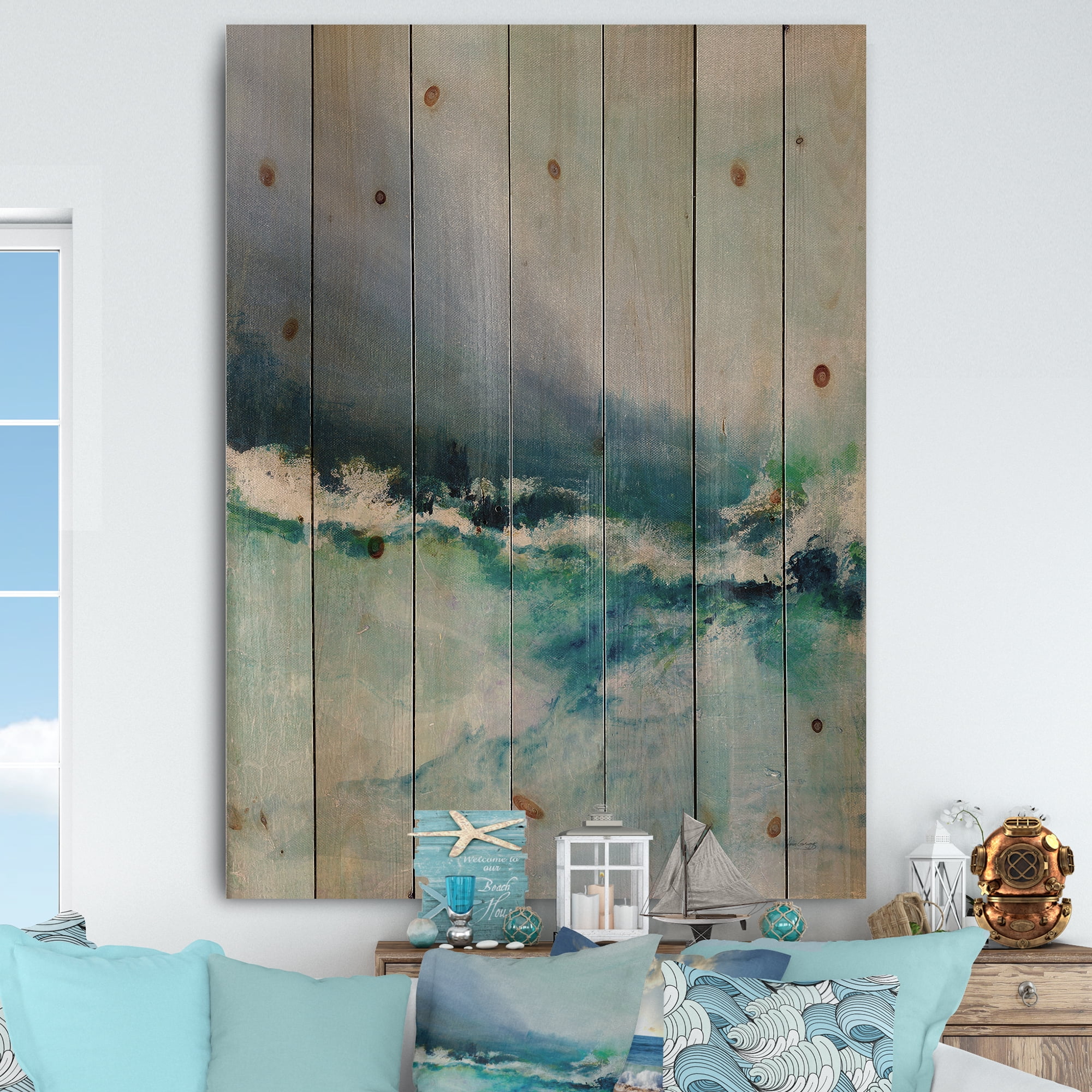 Designart 'Indigo Abstract Watercolor Blue' Nautical & Coastal Print on Natural Pine Wood