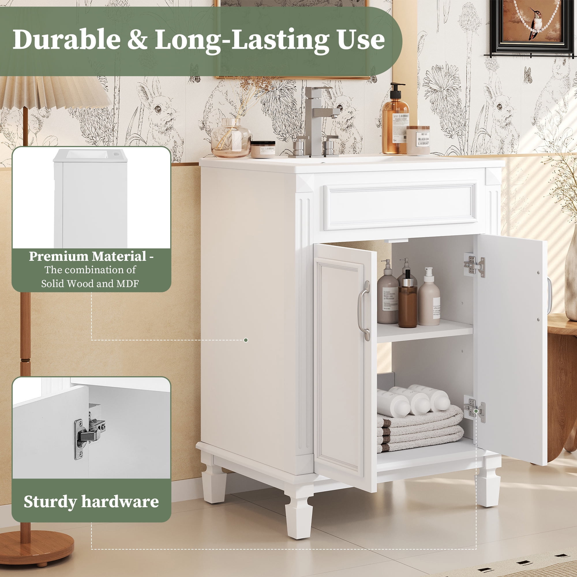 Euroco 24'' Bathroom Vanity with Top Sink, Modern Bathroom Storage Cabinet with 2 Soft-Closing Doors and Adjustable Shelf, Solid Wood Frame