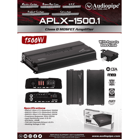 Audiopipe 1500W 1-Ohm Class D Car Audio Mono Amplifier APLX-1500.1 W/ Bass Knob