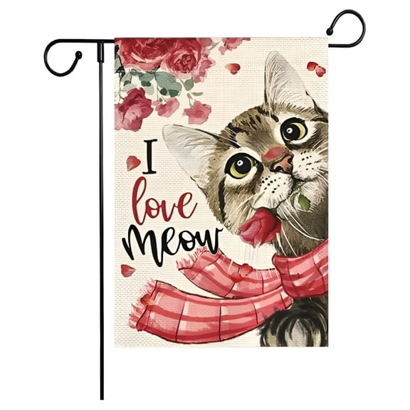 AUQ Happy Valentine's Day Scarf Cat I Love You Welcome Love Tree Garden Flag 12x18 Inch Home Valentine's Day Outdoor Yard Lawn Garden Flag Decoration