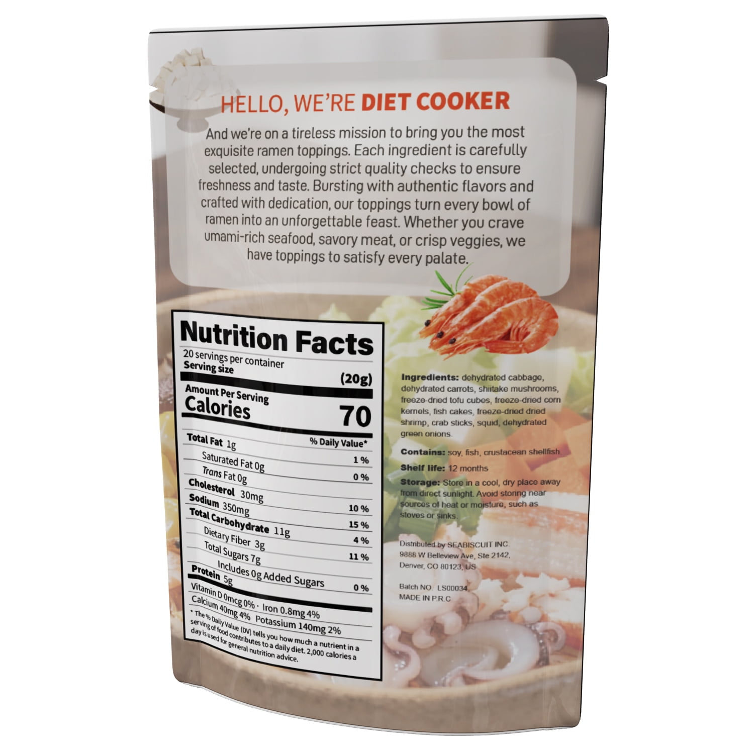 DIET COOKER Classic Seafood & Veggie Mix Dried Ramen Toppings 14.1oz (400g) – Healthy Instant Ramen Dry Mix, Freeze-Dried Vegetables & Seafood, Perfect for Noodles, Soup, Rice, or Quick Meal Enhancer