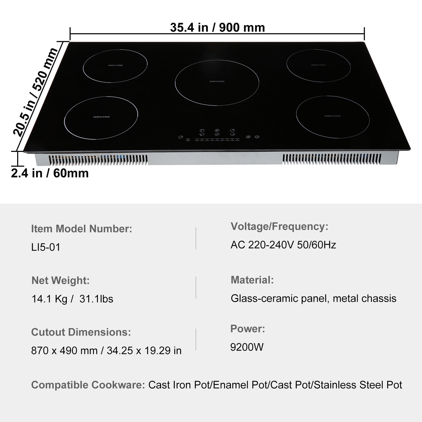 KFFKFF 5 Burners Ceramic Glass Stove Top Touch Control 36 inch Electric Cooktop