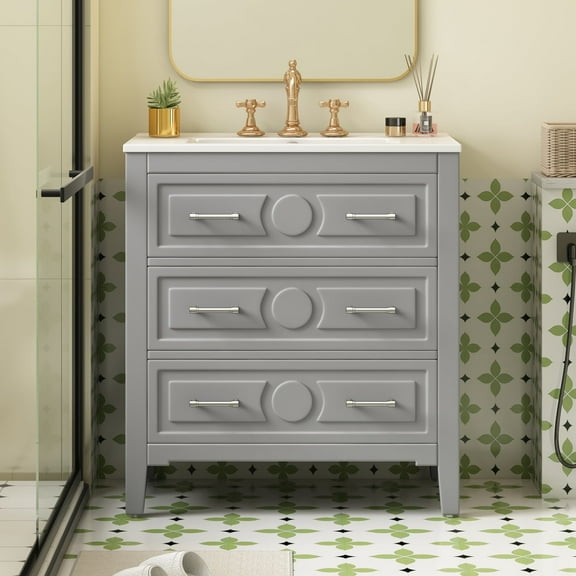 FFZ 30'' Bathroom Vanity with Ceramic Sink Combo, Free Standing Single Vanity Set with 3 Drawers, Solid Wood Frame Bathroom Storage Cabinet, Gray