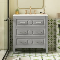 FFZ 30'' Bathroom Vanity with Ceramic Sink Combo, Free Standing Single Vanity Set with 3 Drawers, Solid Wood Frame Bathroom Storage Cabinet, Gray