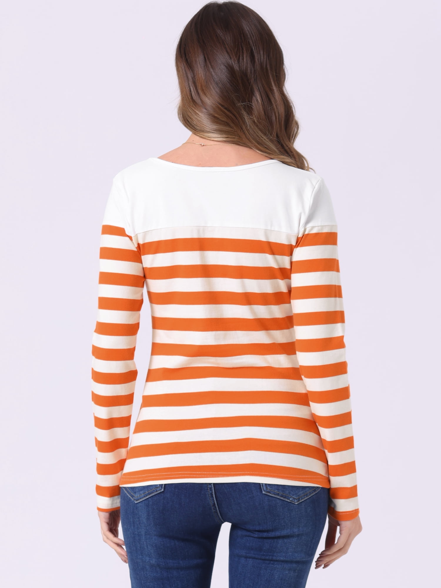 DARING DIVA Women's Color Block Striped Knit Top Long Sleeves T-Shirt S Orange