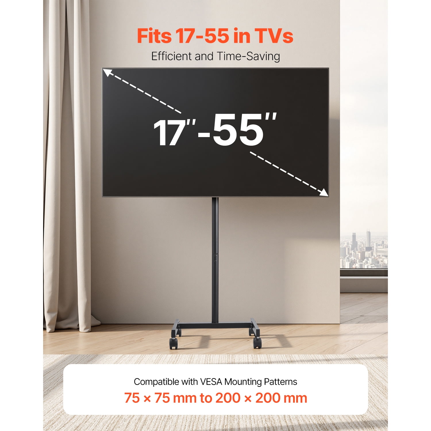KFFKFF Rolling TV Stand, Mobile Cart for 17-55 Inch Screens, Adjustable Orientation, Portable Stand with Wheels Supports up to 44 lbs for Home, Office, Outdoor Use, Max VESA 200x200mm