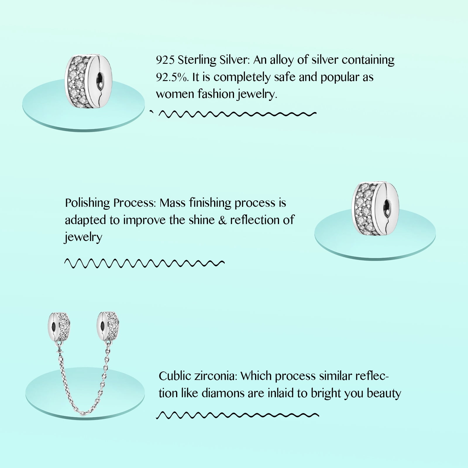 ROSIANNA 925 Sterling Silver Safety Chain & Clips Charms fit Bracelets Necklaces Dangle Beads with 5A Cubic Zirconia Christmas Valentine Mother's Day Gift for Women